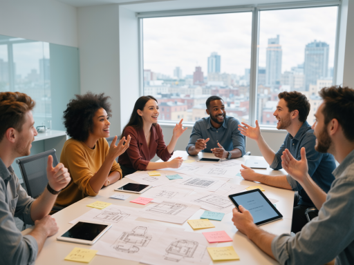 团队协作工作场景，多名专业人员围坐会议桌前进行项目讨论，背景为开放式办公空间