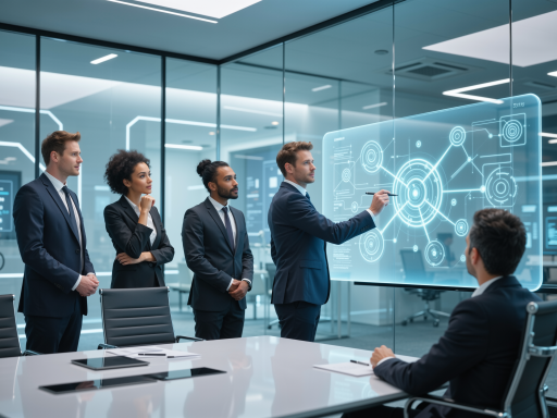 科技项目开发场景，团队成员正在讨论技术方案，现代化会议室背景